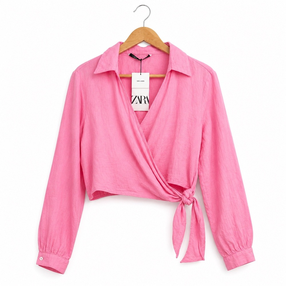 Zara Women Pink 100% Linen Long Sleeve Wrap Crop Top Blouse Size M NWT